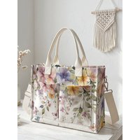 Watercolor Floral & Butterfly Print Corduroy Tote Bag Large Capacity Multi Pocket Commuter Shoulder Bag
