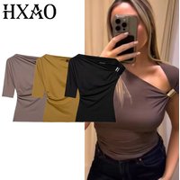 HXAO Asymmetric Ruffled Top Women Tanks & Camis Short Sleeve Sexy Tops Khaki Black Yellow Tank Top Ruched T-Shirt For Women 2025