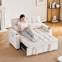 Sofa rozkładana 3 w 1 o szerokości 142 cm, z regulowanym oparciem, miękkimi poduszkami na siedzisko i oparcie oraz 2 poduszkami lędźwiowymi, boczną półką i uchwytem na napoje.