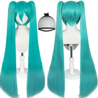 Synthetic Long Green Wig with 2 Ponytails for Women Long Straight Miku Wigs with Bangs for Cosplay Wig for Halloween Party