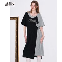 ELFSACK Pink Brown Colorblock Cut Out T-Shirt Dress, D-Ring Belt Casual Midi Dress, Cute Retro Loose Dress for Women