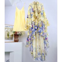 Women Flower Print silk Layered long dress Lace-up Collar Flare Sleeve fashion Holiday Loose yellow Dress