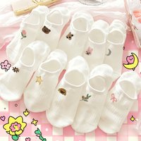 Fashion White Boat Socks for Women, Low-Cut Invisible Socks, No-Show Socks, Sweet Style, Cute Cartoon Patterns, Student Socks