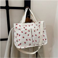 Sweet Bowknot Strawberry Canvas Tote Bag Women Simple Large Capacity Shoulder Bag School Work Commute Bag