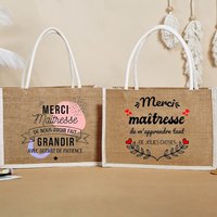 Thank You Teacher French Print Women Burlap Bag Shopping Bags Female Handbags Reusable Jute Tote Best Gifts for Maitresse