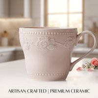 French Vintage Embossed Floral Ceramic Mug Relief Beaded Pink Coffee Cup Aesthetic Porcelain Tea Mug Latte Cup Office Drinkware