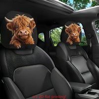 ITECHJOY 2pcs Side-Head Highland Cow Printed Car Headrest Covers | Easy to Install & Wash | Funny Design, Ideal for Travel, Da