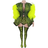 Fashion 3-Piece Outfit Set Green Snake Print Halloween Costume Women Jacket Festival Bodysuit Outfit Performance Yingguangshe