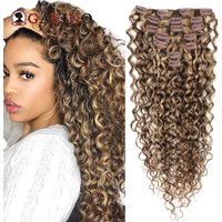Water Wave Clip In Hair Extensions Real Human Hair 7Pcs/Set Chestnut And Bronzed Blonde Highlights Curly Clip On Hair Extensions image 4
