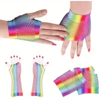 1Pair Women Hollow Out Rainbow Fishnet Gloves Sexy Mesh Net Fingerless Gloves for Disco Dance Party Costume Accessories