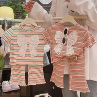2Pcs Kinder Kleidung Süße Bunte Streifen Kurzarm Zwei-Stück Set Baby Kinder Mädchen Casual Baumwolle Outfits Strickjacke + lange Hose