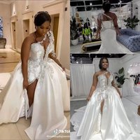 Plus Size Mermaid Wedding Dresses Bridal Gown Detachable Train Long Sleeves Lace Applique customsized Crystals bridal gown