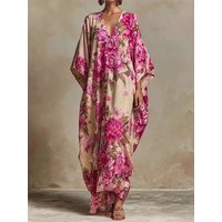 Spring Summer Half Sleeve Chic Party Dress, Women Holiday Casual V Neck Simple Maxi Dress, Printing Patchwork Loose Ladies Dress
