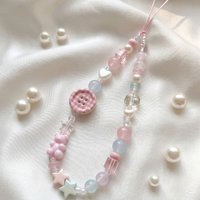 Pastel Pink Blue Bear Star Beaded Phone Lanyard Plaid Button Bag Keychain Charm for Women