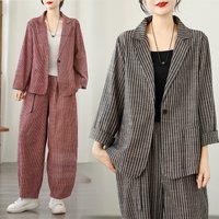Faionable Striped Cotton Linen Set Vintage Versatile Long Sve Loose Two Piece Set Harlan Pants Set for plus Size Women
