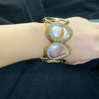 Handmade Natural Baroque Freshwater Pearl Amethyst Crystal Cuff Bracelet Bangle Golden Rhinestone Lucky Bangle for Women Gift