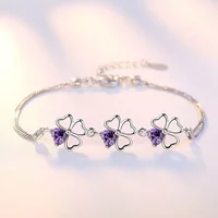 Popular Brands 925 Sterling Silver Purple crystal Lucky Clover Bracelets for women fashion party wedding Jewelry Length 17CM+4CM