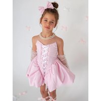 Princess Girl Party Dress Satin Pink Costumes Dress for Little Girls Kids Pearls Prom Ball Gowns Simple Flower Girl Dress Mini