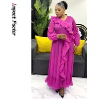 Ruffles Design Pleated Evening Dress Women Fashion Round Neck Solid Color Dresses Elegant 2025 Autumn New