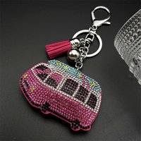 Cartoon School Bus Keychain For Women Men Full Shine Crystal Rhinestone Pink Tassel Kawaii Bag Charms Female Keyholder Jewelry