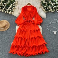 2025 New Spring Elegant Dress High End Retro Collar Lantern Sleeve Waist Lotus Leaf Edge Dress for Women