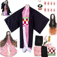 Kamado Nezuko Cosplay Costume Anime Kimono Kimetsu No Yaiba Kamado Nezuko Costume Wig Uniform Hallween Women Kids