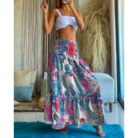 Women's Boho Floral Print High Waist Elastic Long Skirt Flowy Tiered Beach Vacation Skirt Casual Summer A Line Skirt