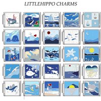 Blue Ocean Series Whale Wave Sail Starfish Pendant Italian Bracelet Suitable for 9mm Bracelet in Summer, Neutral Stainless Steel
