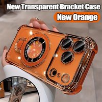 Luxury Plating For Magsafe Bracket Case For iPhone 17 16 15 14 13 12 11 Pro Max Plus Air Magnetic Ring Stand Holder Clear Cover