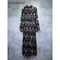 DLDENGHAN Autumn Long Dress Women's O-Neck Lantern Sleeve Bow Floral Print Vintage Pleated Dresses Fashion Designer New