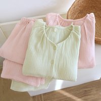 2026 Spring and Autumn New Women's Pajama Set 100% Cotton Crepe with Chest Mat Long Sleeve V-neck Loose Cardigan Home Clothes