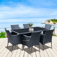 Outsunny 6 Seater Rattan Dining Set with Cushions,Rattan Garden Furniture Set with 6 Armchairs,Rectangular Glass Top Table