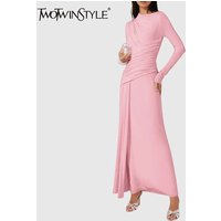 TWOTWINSTYLE Solid Slimming Minimalist Dresses for Women Round Neck Long Sleeves Patchwork Folds Elegant Dress Female Clothing