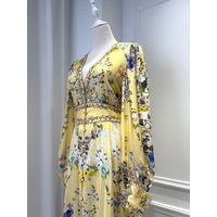Hot Rhinestone Women 100% Silk Maxi Dress V-Neck Long Sleeve Single Breasted Elastic Waist Floral Print Fashion Yellow Robe