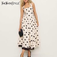 TWOTWINSTYLE Hit Color Dot Dresses for Women Halter Sleeveless High Waist Spliced Lace Backless A Line Dress Female Fashion 2026