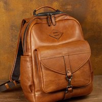 Retro handmade patina top layer cowhide leather backpack for men; genuine leather backpack for casual travel with large capacity