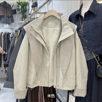 Fall 2026 Korean Fashion plus Size Checkered Print Hooded Short Coat Women's Loose Fit Slimming Plaid Patchwork Windbreaker