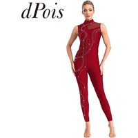 Women's Shiny Rhinestone Rhythmic Gymnastics Jumpsuit Ballet Dance Leotard Sleeveless Sheer Mesh Figure Skating Yoga Bodysuit