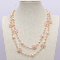 GG 44'' Süßwasser-Zuchtperlenkette mit rosa Kartoffelperlen und rosa Kristallblumen-CZ-Besatz für Damen.