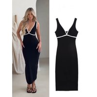 HH Woman Contrast Decoration Knitted Dress Women Elegant V-Neck Sleeveless Backless Chic Midi Tights Summer Dress Mujer
