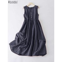ZANZEA Bohemian Women Long Dress Casual Summer Sleeveless Vintage Plaid Sundress 2025 Fashion V-Neck Loose A-Line Dresses Robe