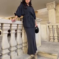 Denim Skirt Suit Women Jacket Long Skirts 2 Piece Sets Lace Up Single Breasted Turn Down Collar Coat Outfits Streetwear Ensemble