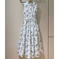 Summer new neck single breasted pleated mid length dress for women elegant plant printed sleeveless cotton dress