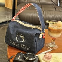 aSanrio Hello Kitty Retro Denim Handbag KT Cat High Aesthetic Large Capaci Portable Eup Bag Embroidered Travel Storage Bag Gifts
