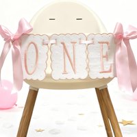 Pink and White Bow ONE High Chair Banner for Girl First Birthday High Chair Banner Sweet One Pink Bow 1st Birthday Decorations