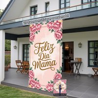 2D plane, 1 banner in Spanish and English saying "Happy Mother's Day" - pink roses and leaves curtain for the door