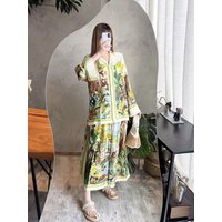 Susan Silk Long Sleeve Shirt And Wide Leg Pants Set Women's Fashion Spring Collection Green Jungle Print Outfit Casual Chic