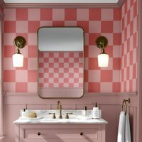 Pink Modern Oversized Checkered Wallpaper, Peel and Stick Wall Mural For Bathroom, Pink and Coral Interior Wall Covering, 50*300