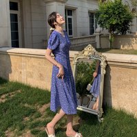 roujeFloral dress with tie-waist detailVFrench-style vintage girl wrap dress, tea break dress, slimming effect