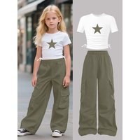 Kids Girls 2-Piece Star Print Side Drawstring Crop T-shirt & Elastic Waist Wide Leg Cargo Pants Set Summer Casual Y2K Streetwear